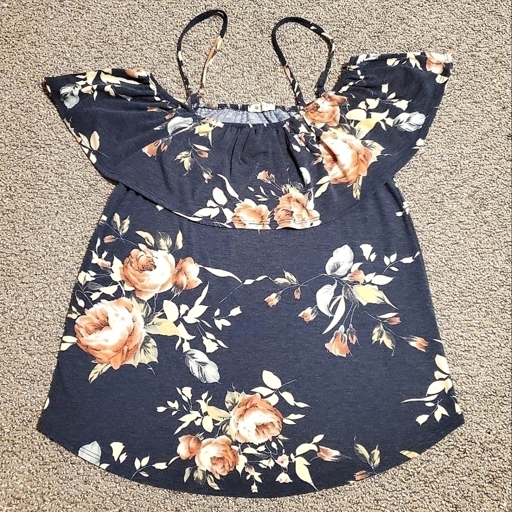 Bombom Boho Floral Off-The-Shoulder Blouse Ruffle Feminine Navy Blue Pink Medium